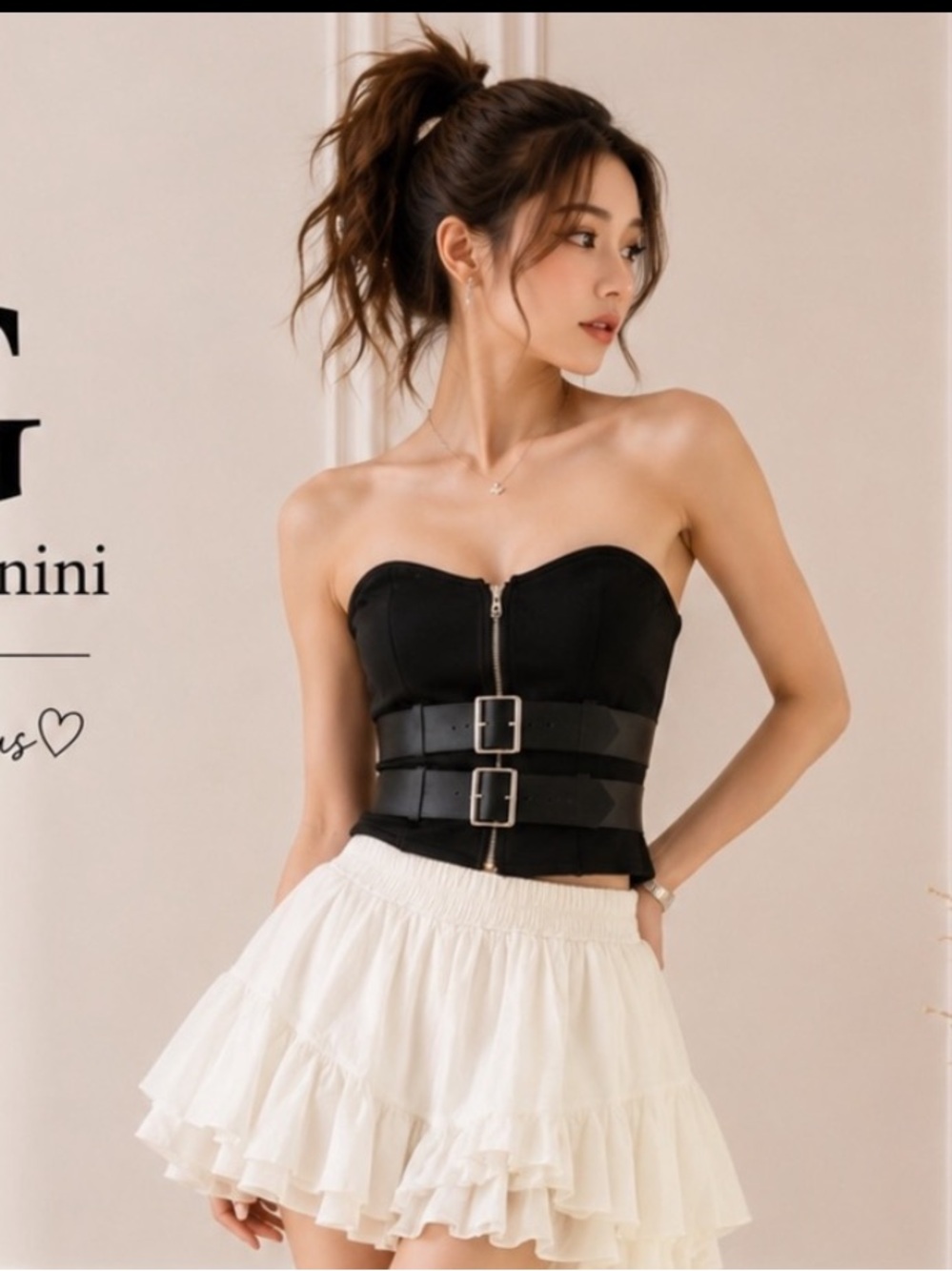 Black Corset Top & White Ruffle Mini Skirt 2-Piece Set XS